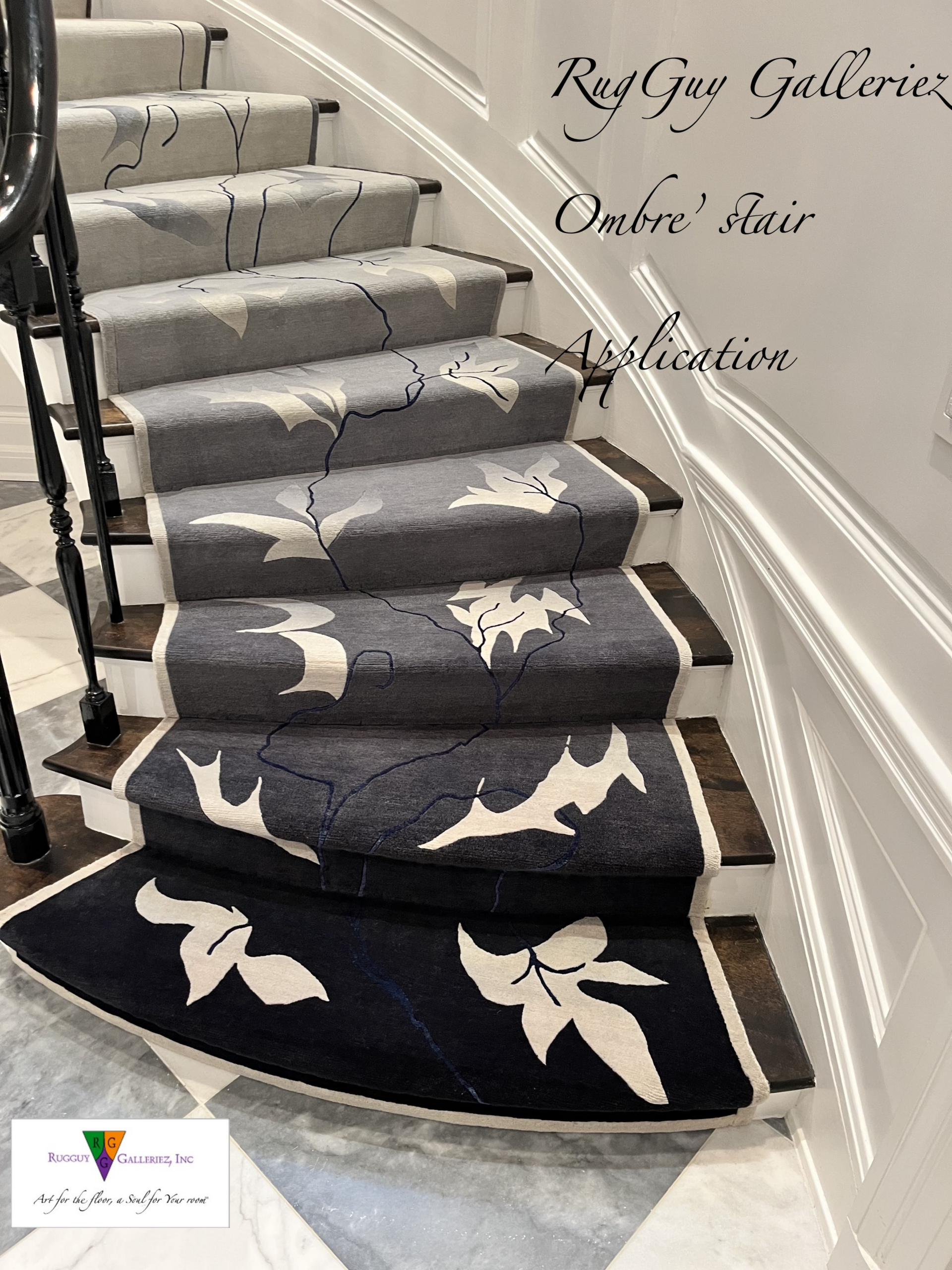 Gray ombre stair runner with white leaves