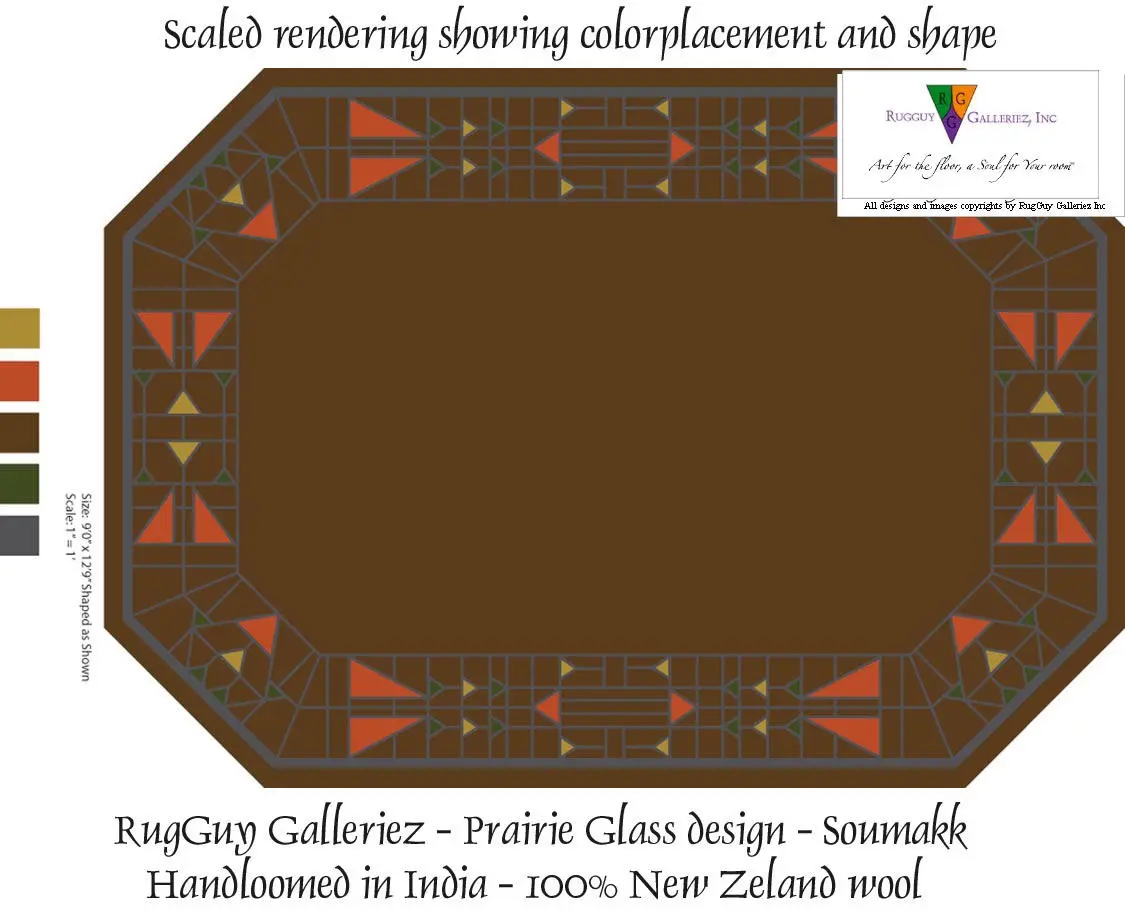 Octagonal brown rug with geometric prairie border