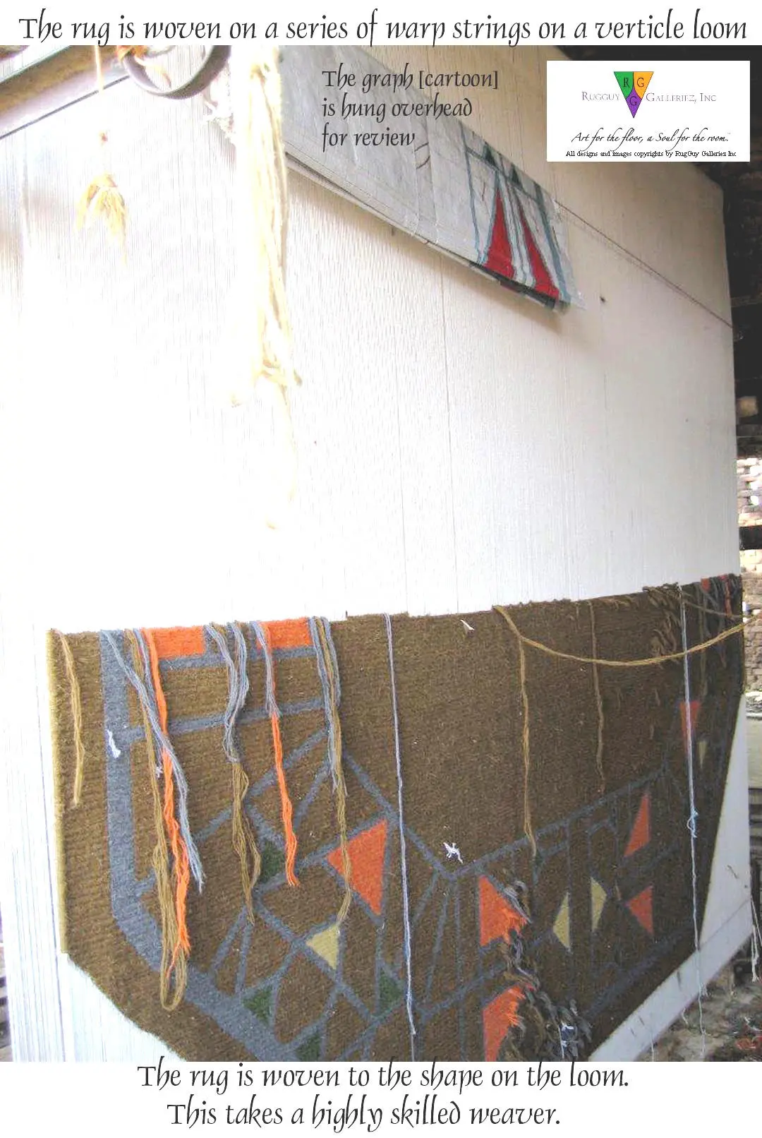 Partially woven geometric rug on vertical loom