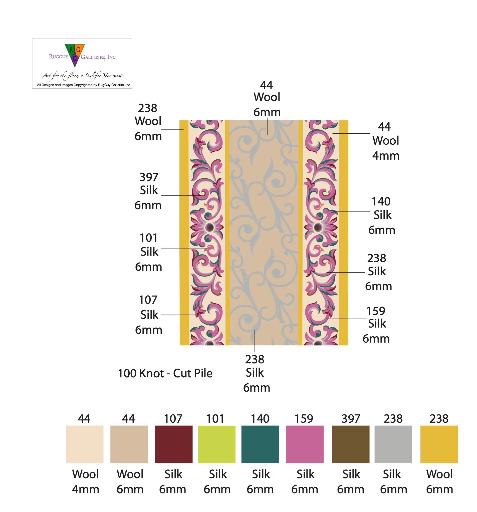 Carpet design with color and material specifications.