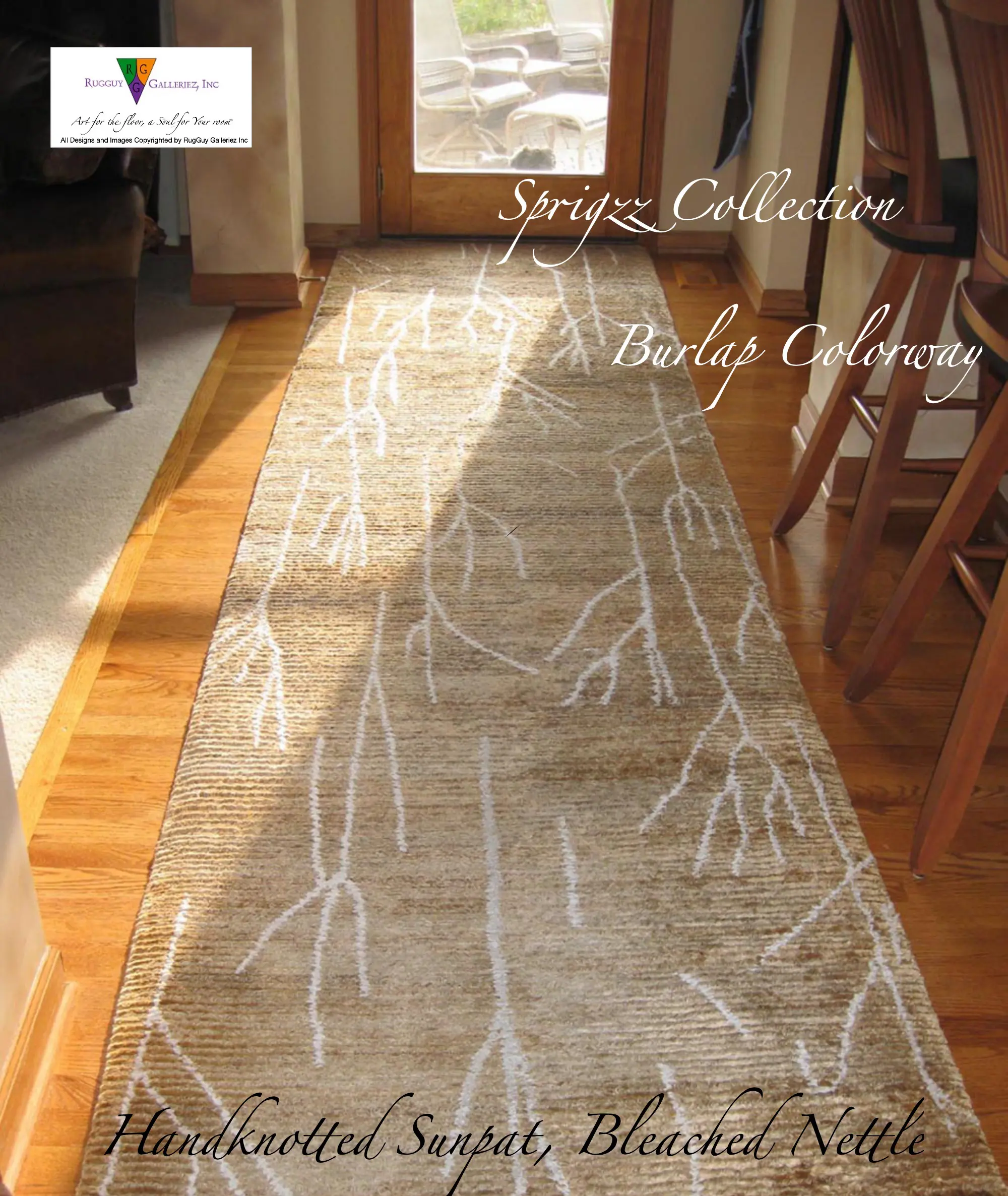 Handknotted burlap rug with abstract design.