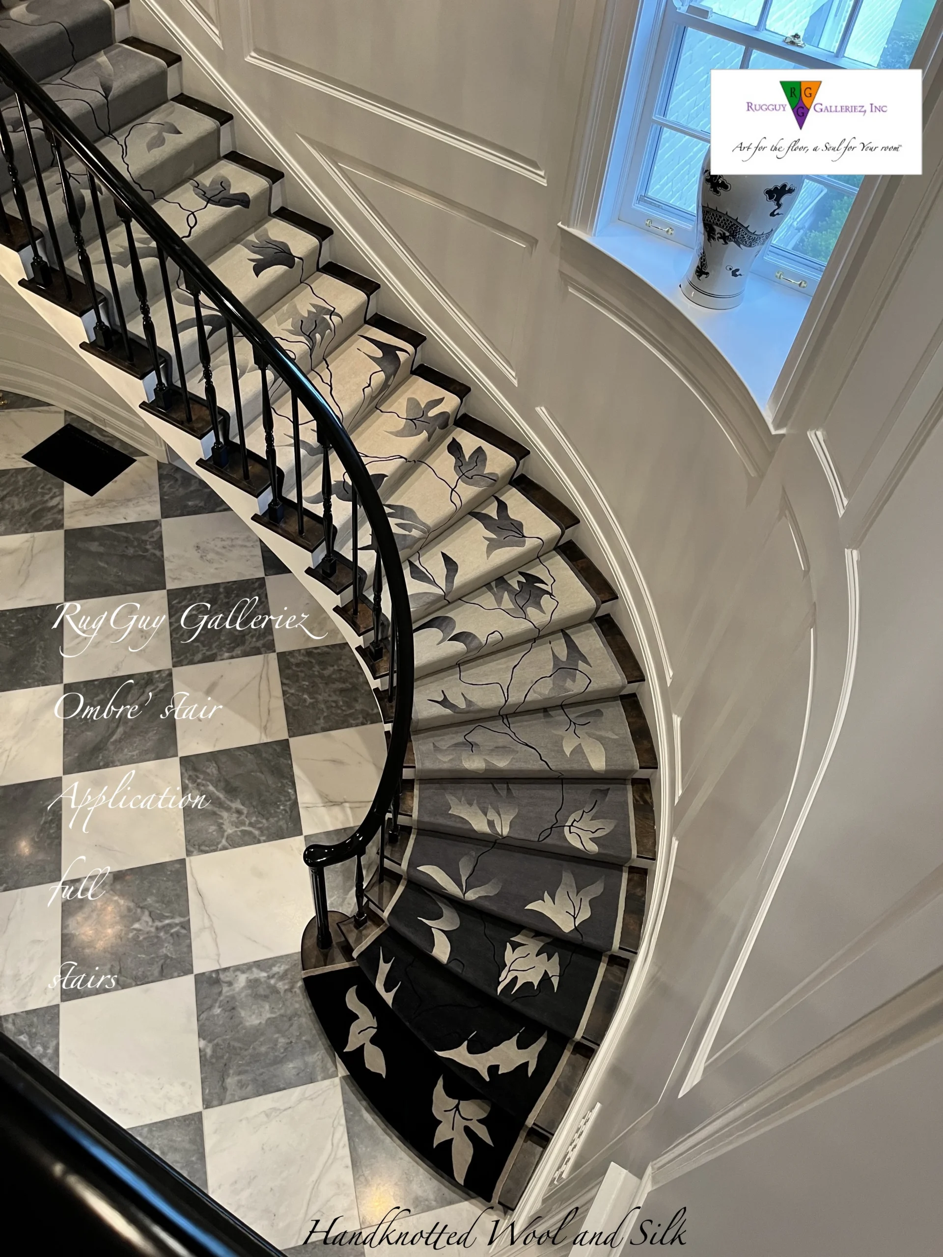 Elegant spiral staircase with patterned carpet