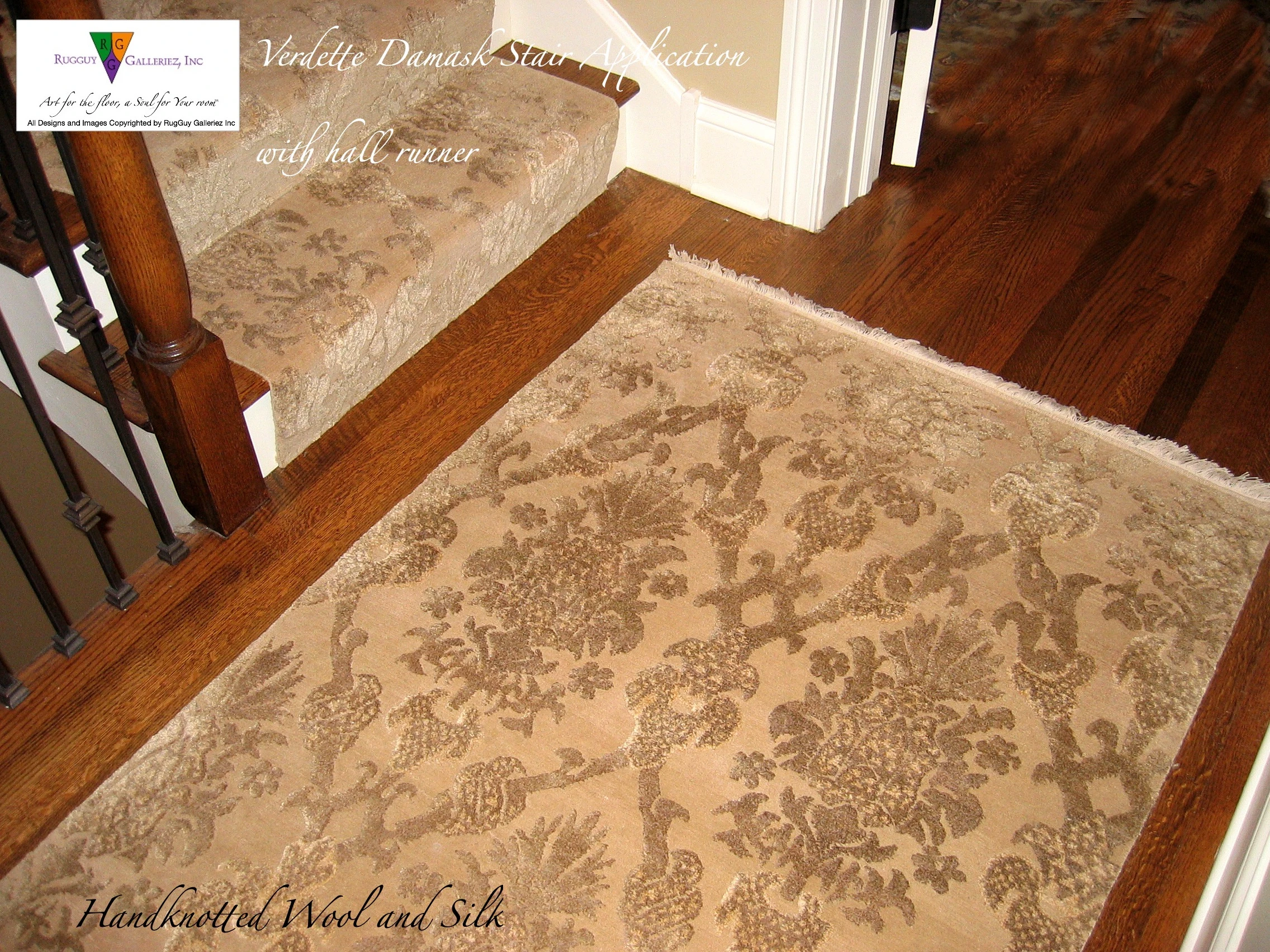 Elegant patterned carpet on wooden stairs