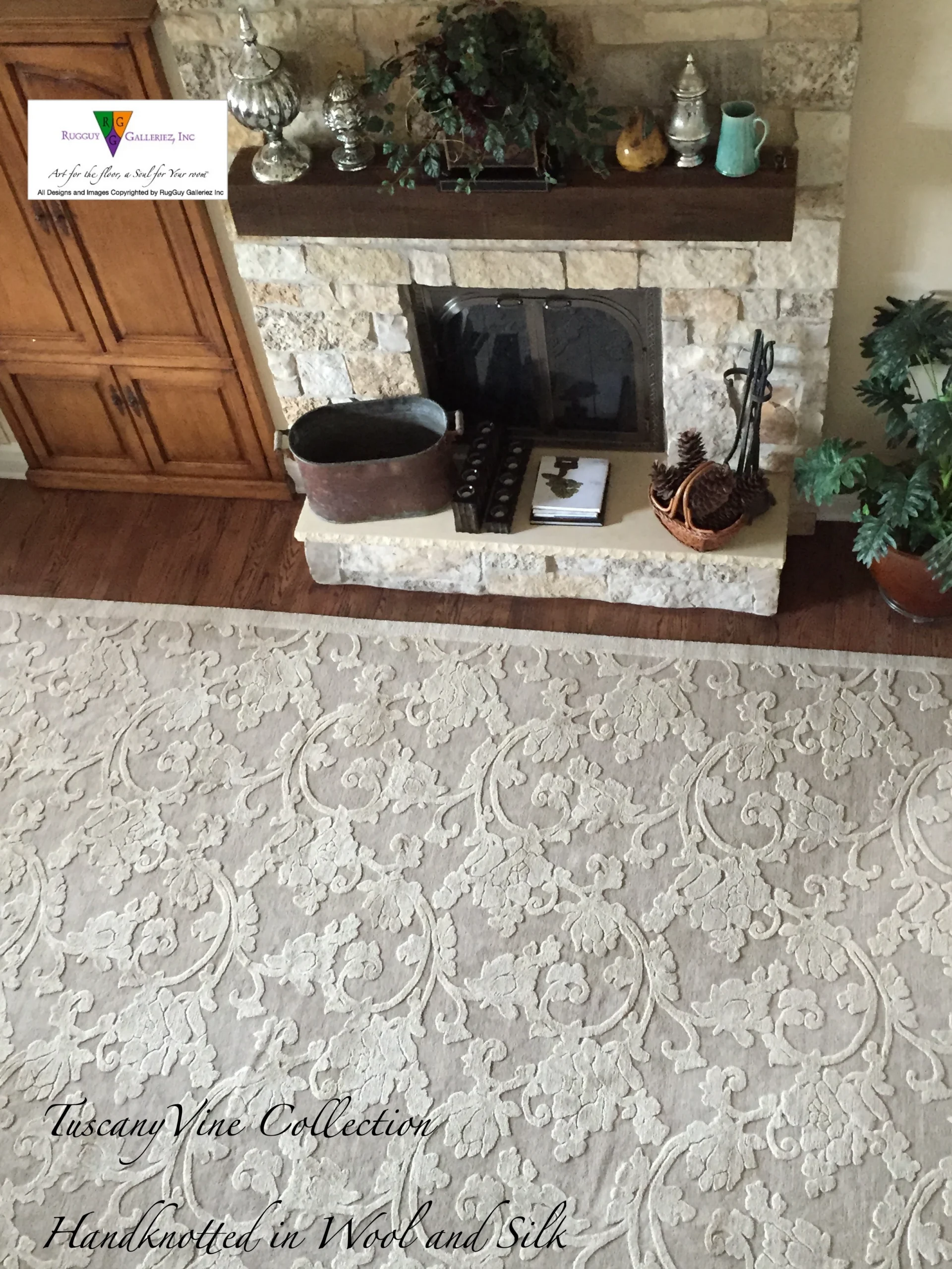 Decorative rug in front of stone fireplace