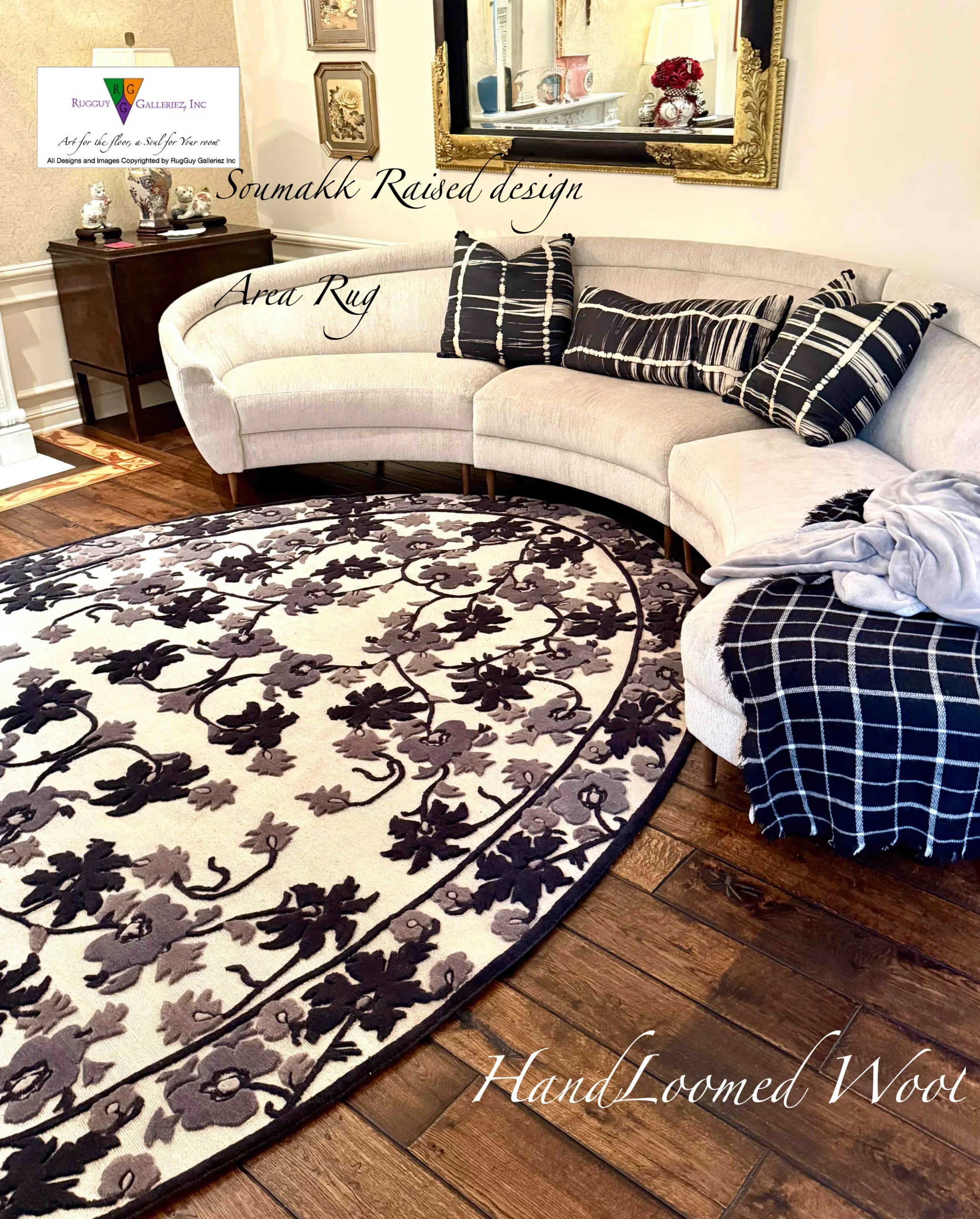 Round floral rug in living room