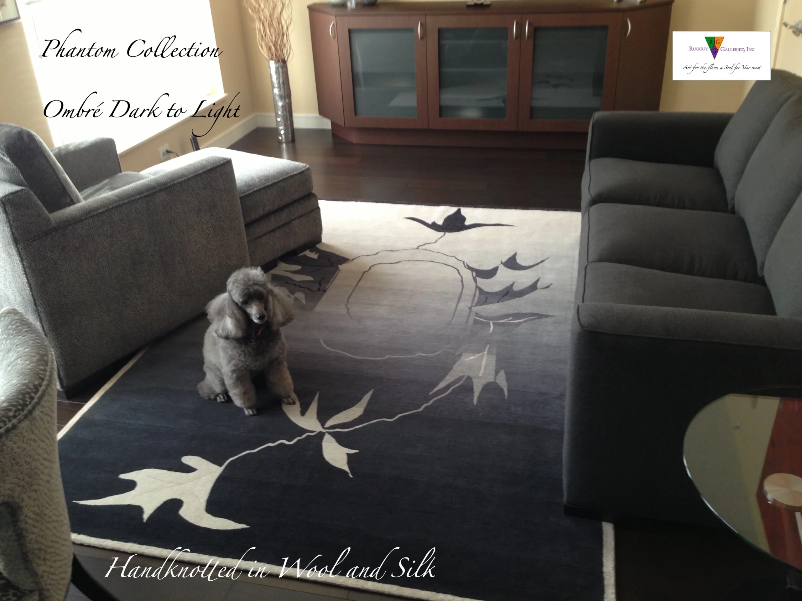 Living room featuring stylish rug and dog.