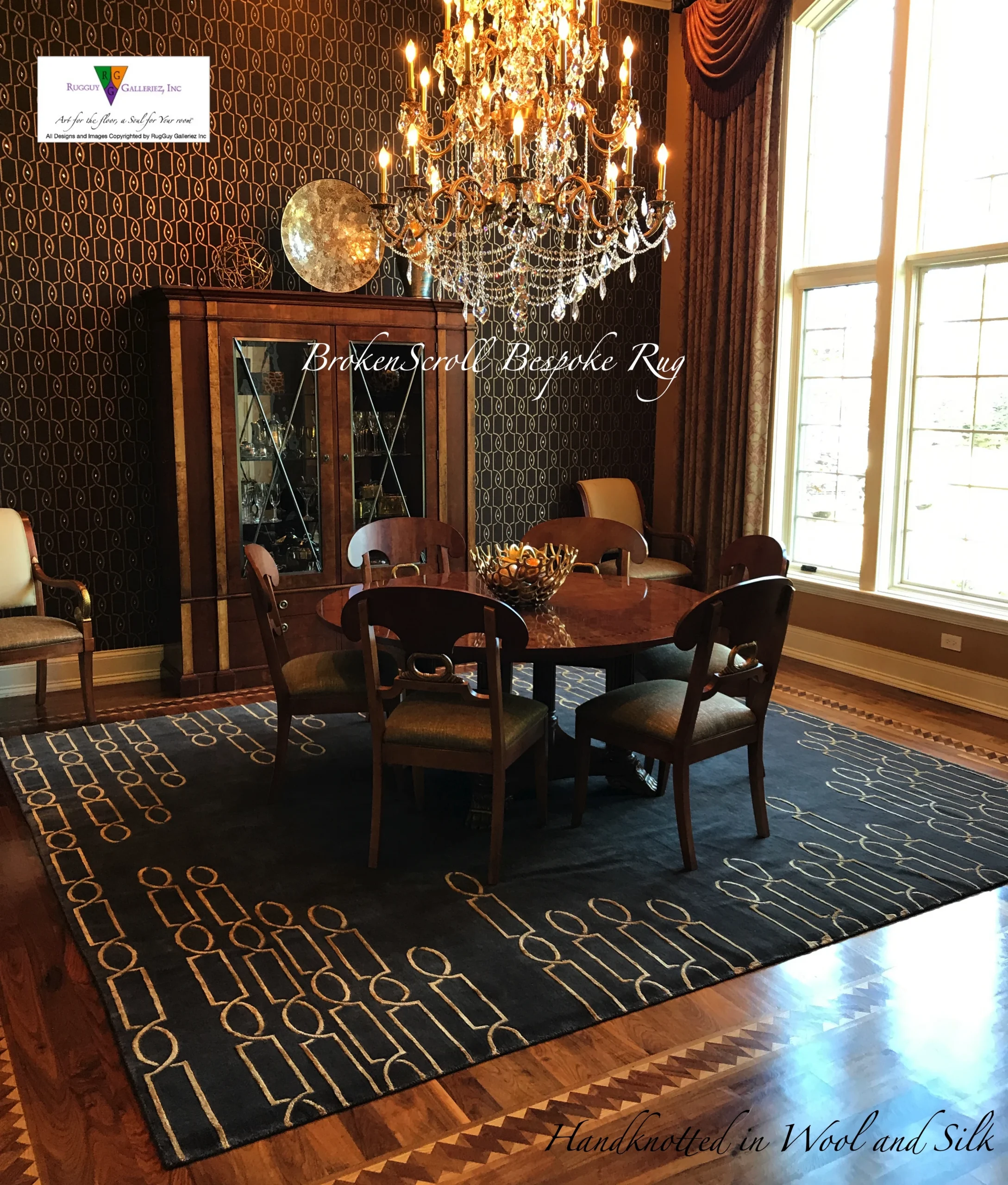 Luxurious rug under round dining table